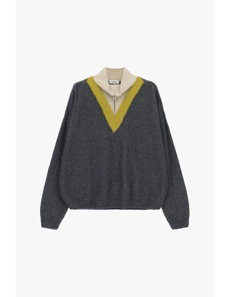 Pull à col rond côtelé avec col zippé Dixie - Gris