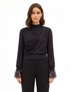 Blouse à col montant avec drapé et poignets en dentelle Rinascimento - Noir
