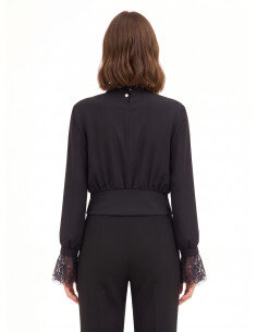 Blouse à col montant avec drapé et poignets en dentelle Rinascimento - Noir 2