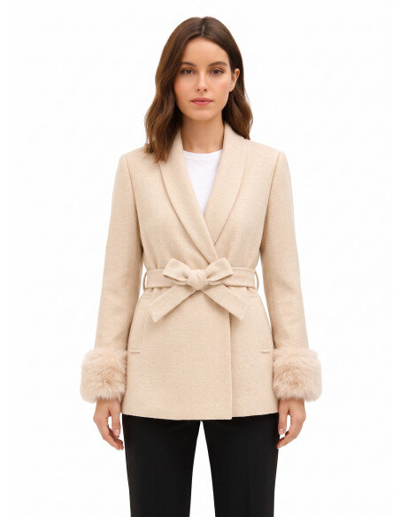 Short Double-Breasted Wool-Blend Coat with Shawl Collar and Belt Rinascimento - Beige Taupe