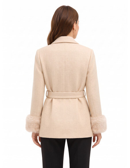 Short Double-Breasted Wool-Blend Coat with Shawl Collar and Belt Rinascimento - Beige Taupe