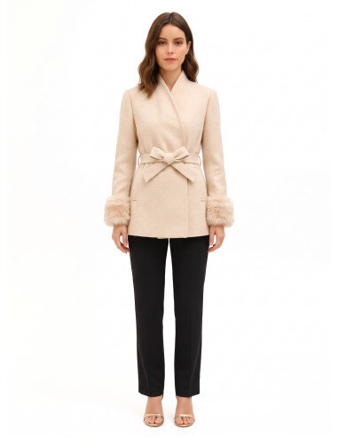 Short Double-Breasted Wool-Blend Coat with Shawl Collar and Belt Rinascimento - Beige Taupe