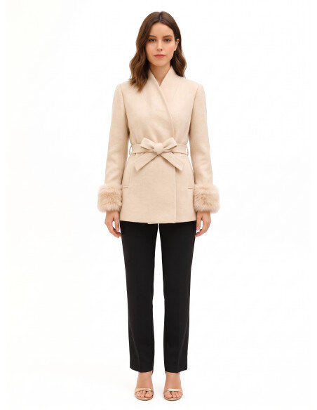 Short Double-Breasted Wool-Blend Coat with Shawl Collar and Belt Rinascimento - Beige Taupe