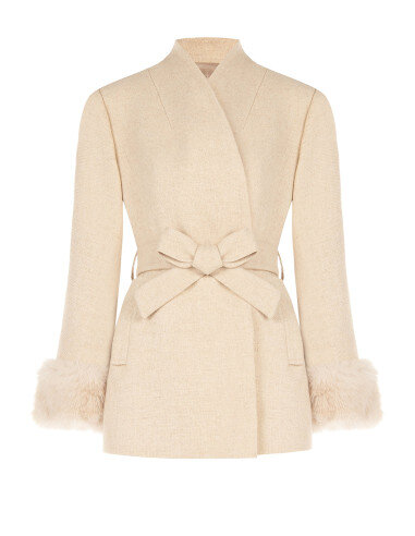 Short Double-Breasted Wool-Blend Coat with Shawl Collar and Belt Rinascimento - Beige Taupe