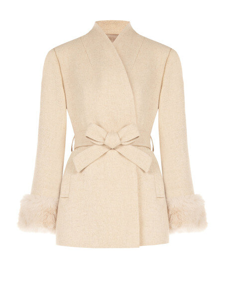 Short Double-Breasted Wool-Blend Coat with Shawl Collar and Belt Rinascimento - Beige Taupe