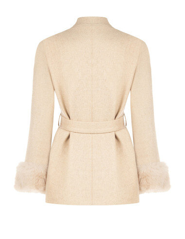 Short Double-Breasted Wool-Blend Coat with Shawl Collar and Belt Rinascimento - Beige Taupe