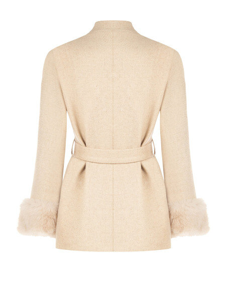 Short Double-Breasted Wool-Blend Coat with Shawl Collar and Belt Rinascimento - Beige Taupe