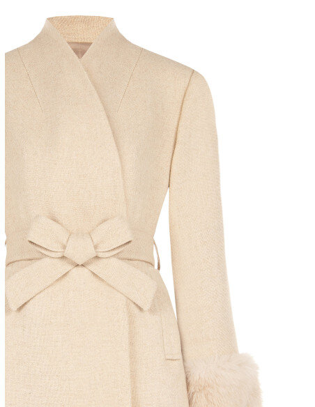 Short Double-Breasted Wool-Blend Coat with Shawl Collar and Belt Rinascimento - Beige Taupe
