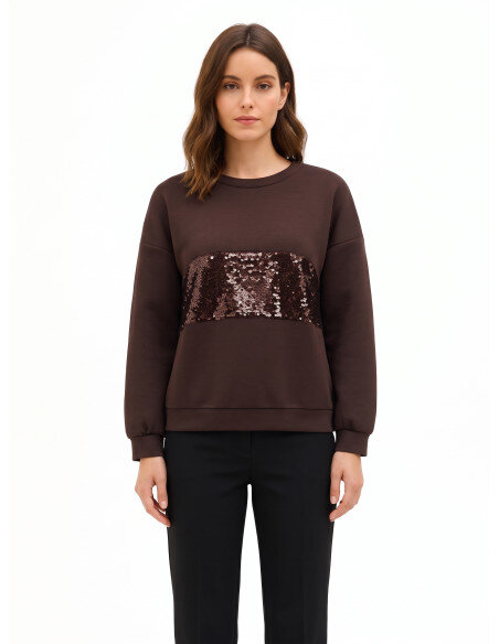 Sweat-shirt en néoprène à col rond avec empiècement central de sequins Rinascimento