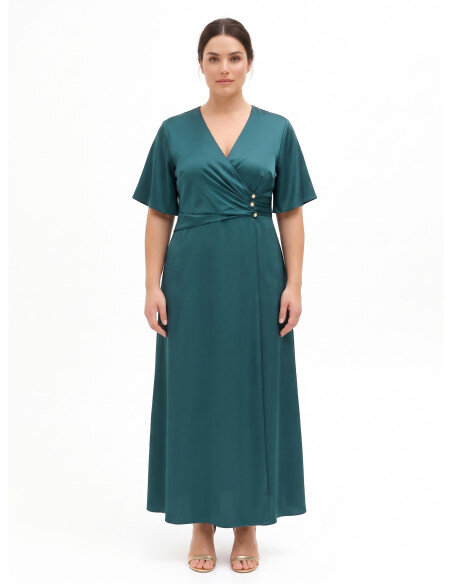 Robe longue grande taille évasée en satin avec décolleté en V croisé Rinascimento Curvy - Vert