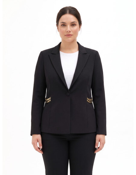 Curvy Scuba Crepe Blazer Jacket with Chain Detail on the Sides Rinascimento Curvy - Black