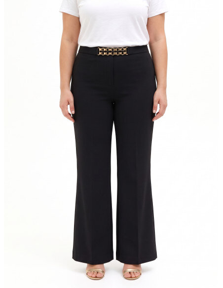 Pantaloni Curvy Palazzo In Scuba Crepe Con Dettaglio Catena In Vita Rinascimento Curvy - Nero