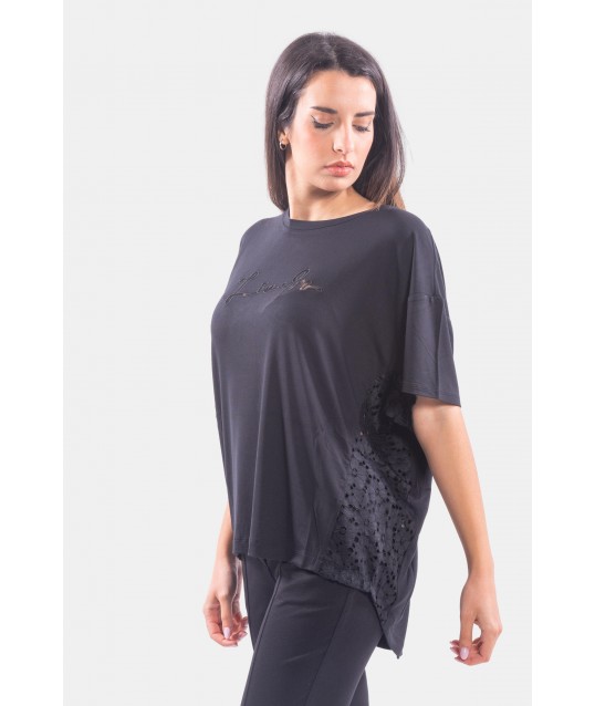 T-Shirt With Logo And Lace Liu Jo