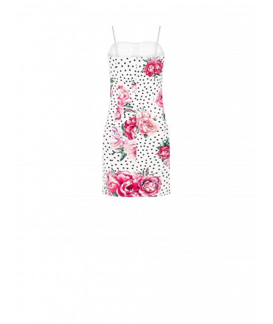 Sheath Flower and Polka Dot Print Crepe Fabric Dress with Cups and Small Slit Rinascimento