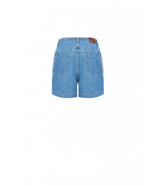 Pantaloni Corti Larghi In Denim Con Pinces E Cristalli Cabochon Rinascimento