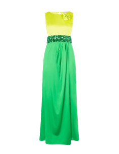 Pink Satin Long Dress With Rose And Sequins In Waist Rinascimento