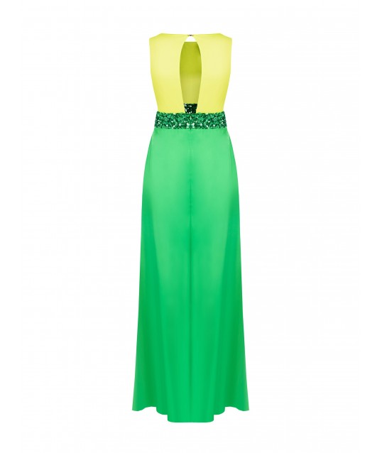 Pink Satin Long Dress With Rose And Sequins In Waist Rinascimento