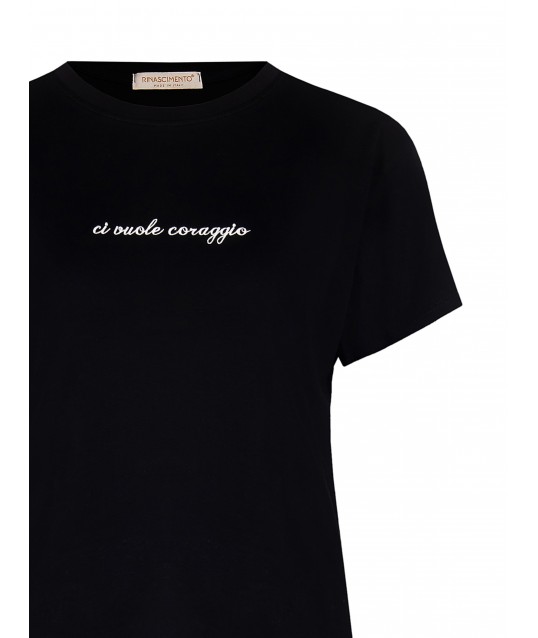 Regular Cotton T-Shirt with White Embroidered Slogan at Centre Rinascimento
