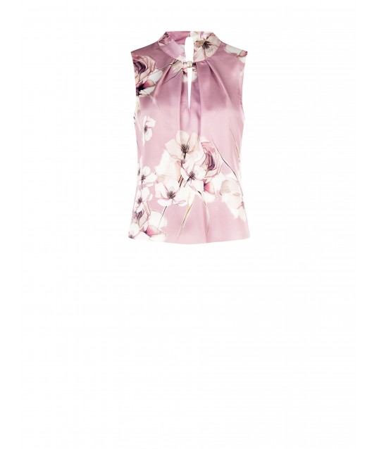 Wide Pleated Satin Flowered Blouse With Jewel Detail Rinascimento