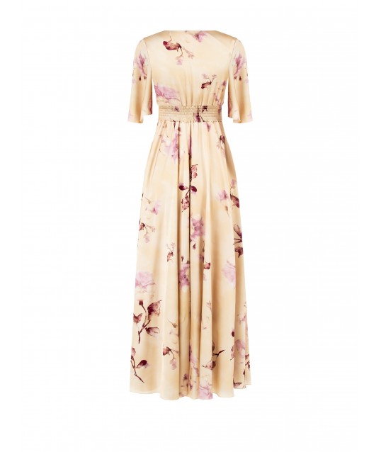 Empire Satin Long Dress With Large Flowers With Crossed V-Neck Rinascimento