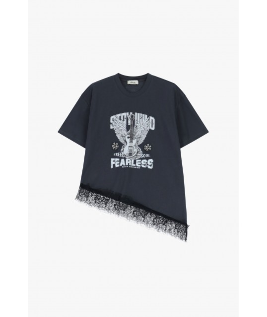 Short-sleeved T-Shirt Guitar Print And Dixie Lace