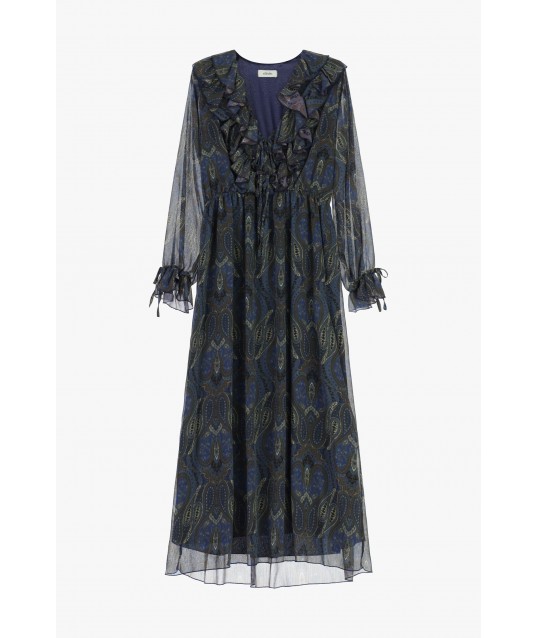 Long Dress Paisley Print Ruffle V Neckline Dixie