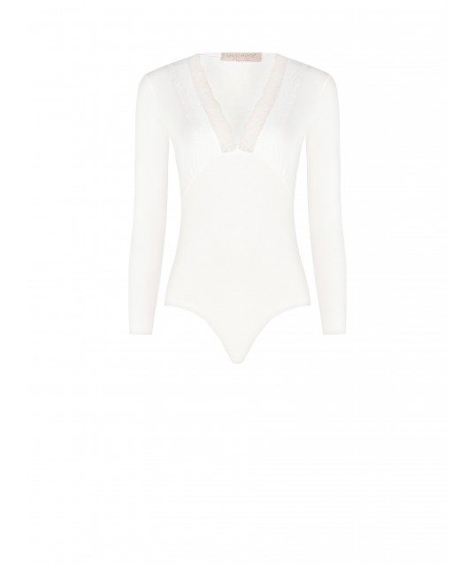 Body In Misto Viscosa Con Scollo A V Con Pizzo Rinascimento