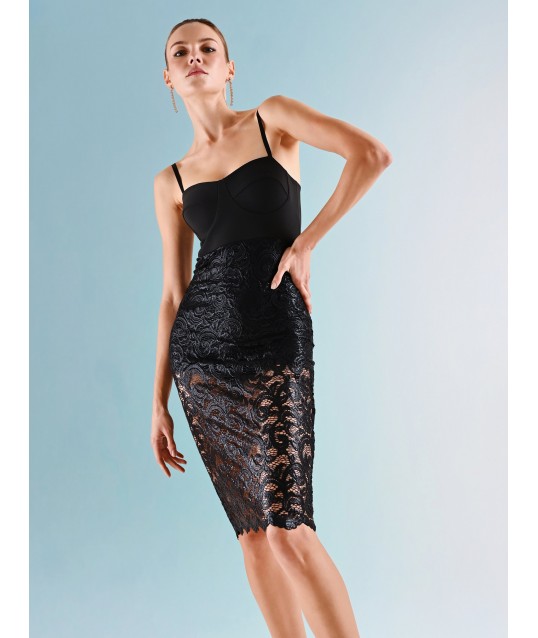 Bustier Dress in Technical Fabric with Integrated Culotte and Coated Lace Skirt Rinascimento
