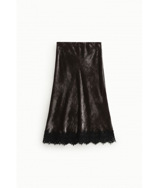 Velvet Effect Midi Skirt With Lace Trim Dixie