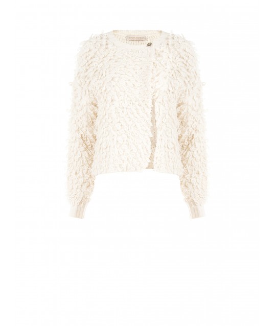 Bouclé Stitch Cardigan Sweater With Logo Button Rinascimento