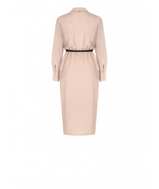 Thin Ribbed Velvet Chemise Midi Dress With Slit And Leatherette Belt Rinascimento