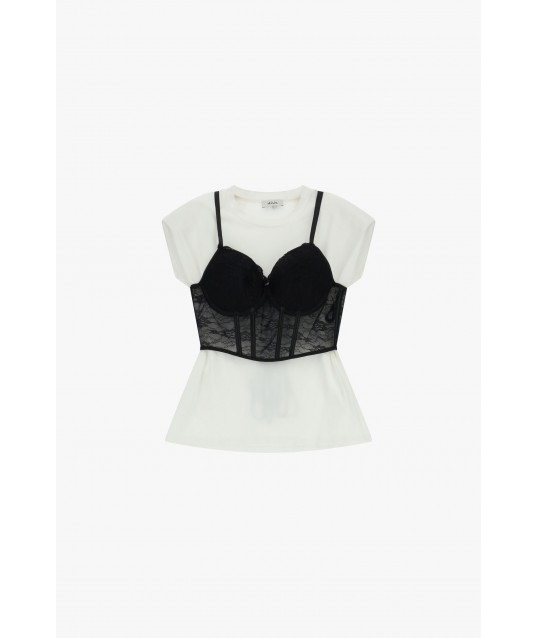Short-Sleeved T-Shirt With Lace And Lace Bustier Dixie