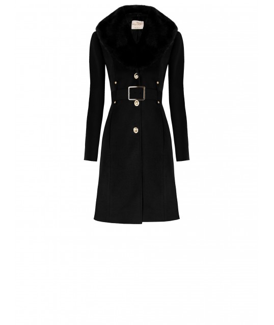 Cappotto Lungo Sfiancato In Velour Con Collo In Pelliccia Sintetica Removibile E Cintura In Similpelle Rinascimento