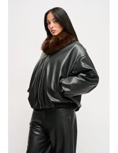 Maryley Faux Leather Bomber Jacket With Faux Fur Collar