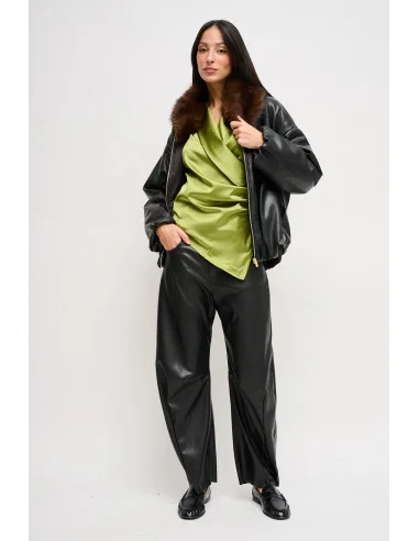 Maryley Faux Leather Bomber Jacket With Faux Fur Collar