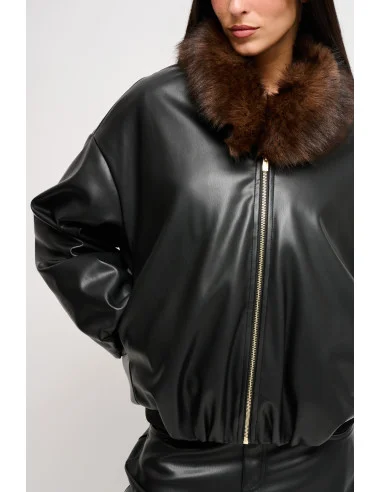 Maryley Faux Leather Bomber Jacket With Faux Fur Collar