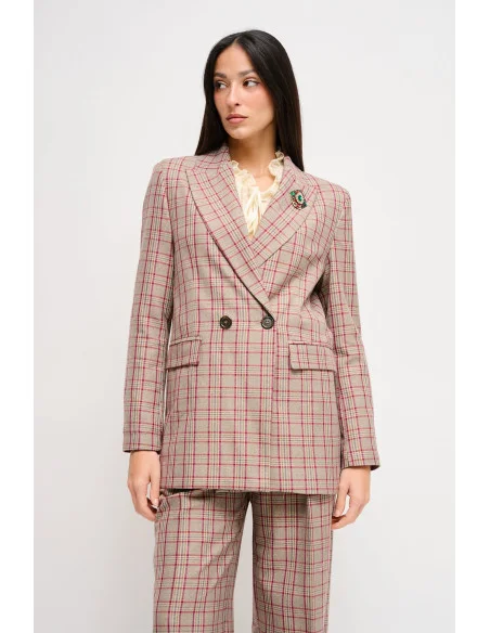 Maryley Double-breasted Check Jacket With Brooch