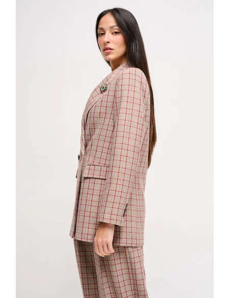 Maryley Double-breasted Check Jacket With Brooch