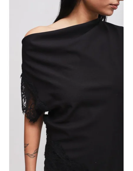 Maryley Asymmetrical Neckline Top With Lace Inserts