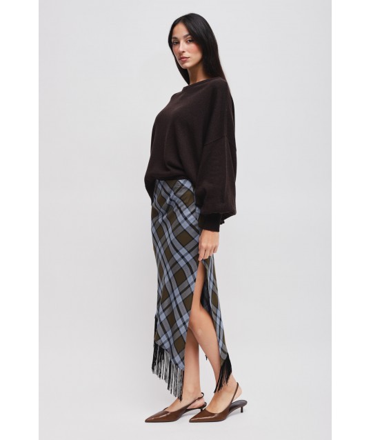 Check Skirt With Fringes And Maryley Slit