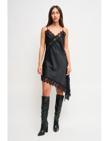 Asymmetrical Satin Dress With Lace Trim Maryley