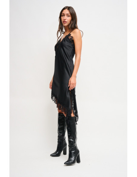 Asymmetrical Satin Dress With Lace Trim Maryley