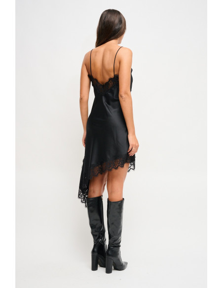 Asymmetrical Satin Dress With Lace Trim Maryley