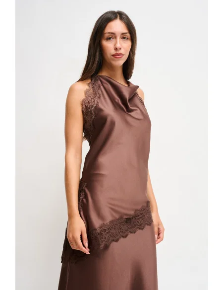 Satin Top With Draped Neckline And Lace Trim Maryley