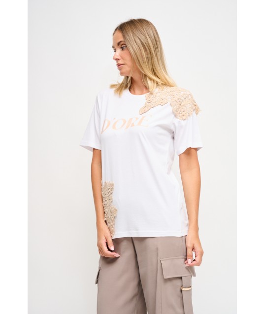 T-Shirt With Print And Lace Inserts Maryley