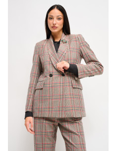 Maryley Double-breasted Check Jacket With Brooch