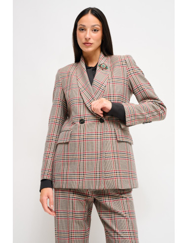 Maryley Double-breasted Check Jacket With Brooch
