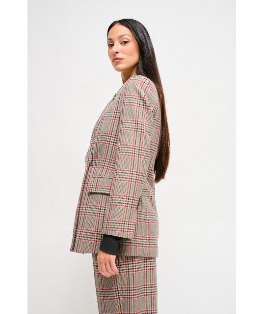 Maryley Double-breasted Check Jacket With Brooch