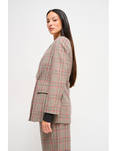 Maryley Double-breasted Check Jacket With Brooch