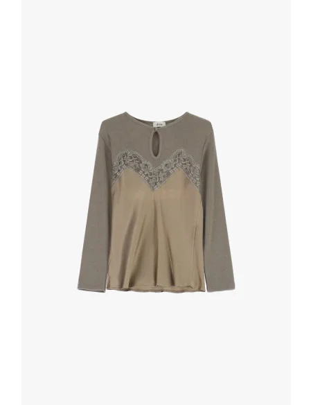 Sweater with Lace Insert and Teardrop Neckline Dixie
